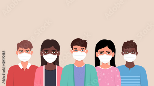 Group of people wearing medical mask to prevent from corona virus. Vector illustration.