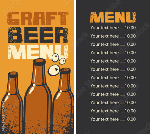 Vector menu for craft beer with price list. Decorative illustration in a grunge style with inscriptions and three beer bottles