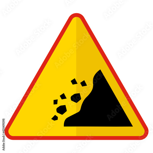 Rock Falling Area Road Concept Vector Icon Design, yellow triangle warning signs, regulatory and guide symbol on white background, Modern traffic signal stock illustration
