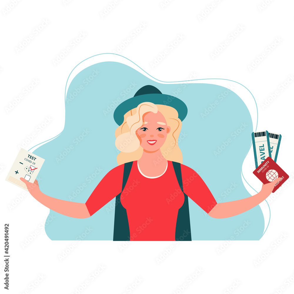 Female tourist ready to travel. Covid-19 test result, health passport, covid-19 immunity certificate, safe traveling, test negative. Concept of traveling during pandemic. Web banner flat vector illus Female tourist ready to travel. Covid-19 test result, health passport, covid-19 immunity certificate, safe traveling, test negative. Concept of traveling during pandemic. Web banner flat vector illus