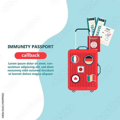 Covid-19 test result, health passport, covid-19 immunity certificate, safe traveling, test negative. Concept of traveling during pandemic.  Web banner flat vector illustration.

