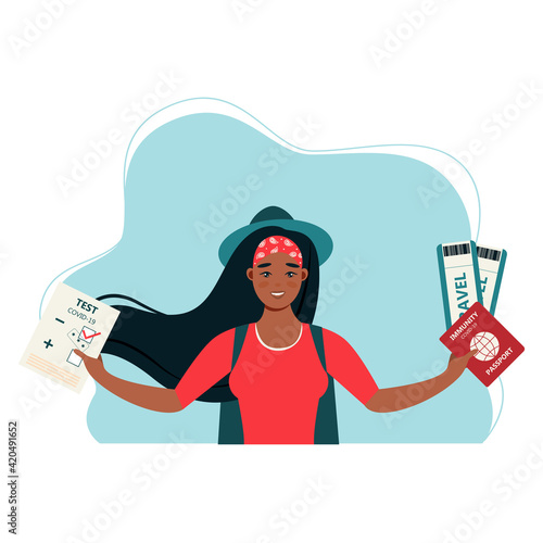 Female tourist ready to travel. Covid-19 test result, health passport, covid-19 immunity certificate, safe traveling, test negative. Concept of traveling during pandemic.  Web banner flat vector illus