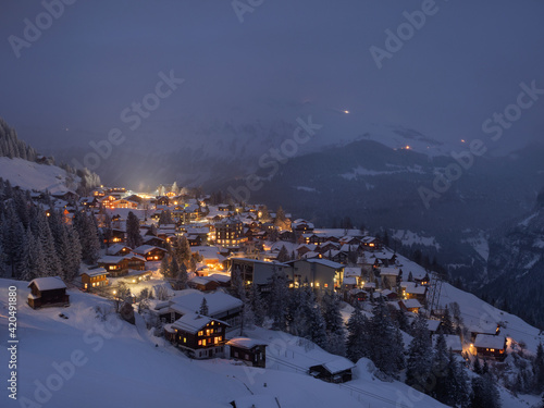 The mountain village of Murren in the swiss alps. Winter night.