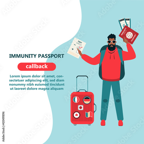 Male tourist ready to travel. Covid-19 test result, health passport, covid-19 immunity certificate, safe traveling, test negative. Concept of traveling during pandemic.  Web banner flat vector illustr
