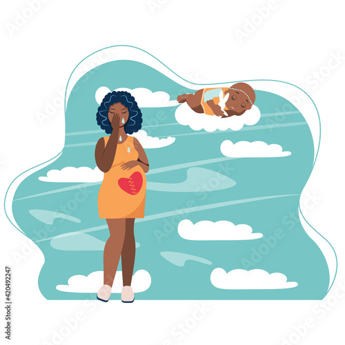 pregnancy loss, Pregnancy termination, abortion, Miscarriage concept. Woman is crying in hospital or clinic. She lost her child. Flat Vector illustration.

