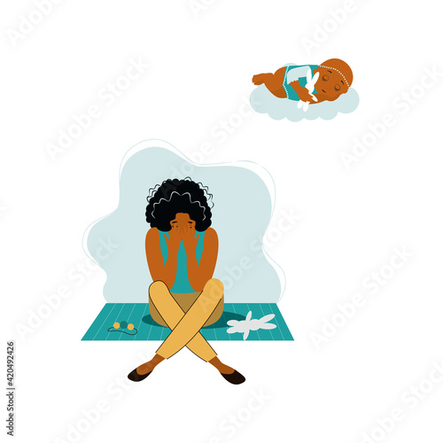 pregnancy loss, Pregnancy termination, abortion, Miscarriage concept. Woman is crying in hospital or clinic. She lost her child. Flat Vector illustration.

