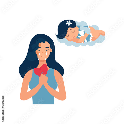 pregnancy loss, Pregnancy termination, abortion, Miscarriage concept. Woman is crying in hospital or clinic. She lost her child. Flat Vector illustration.

