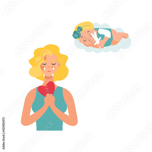 pregnancy loss, Pregnancy termination, abortion, Miscarriage concept. Woman is crying in hospital or clinic. She lost her child. Flat Vector illustration.

