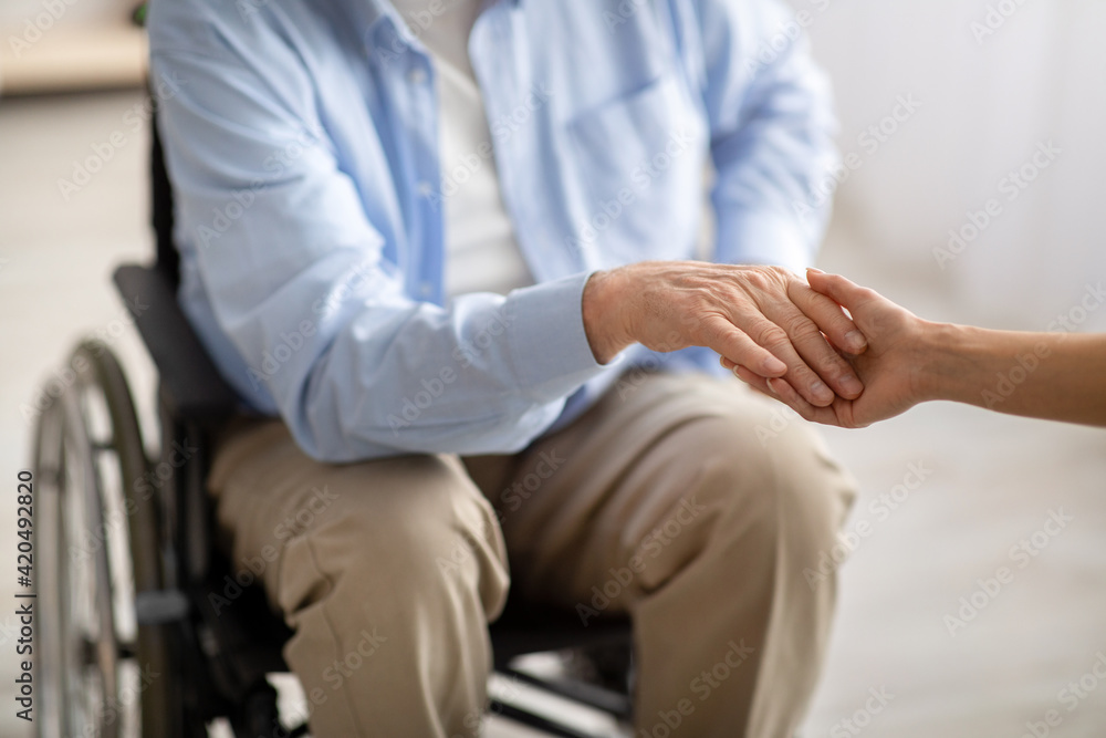 Elderly disabled people support. Young female holding hand of handicapped senior man in wheelchair indoors, closeup Elderly disabled people support. Young female holding hand of handicapped senior man in wheelchair indoors, closeup