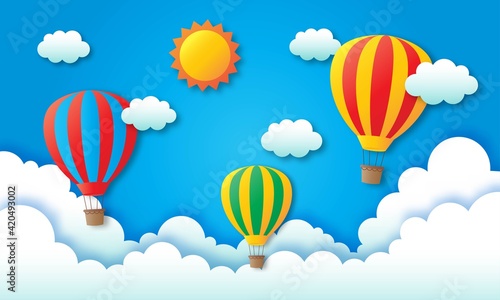 paper art travel with balloon flying background. vector illustration.
