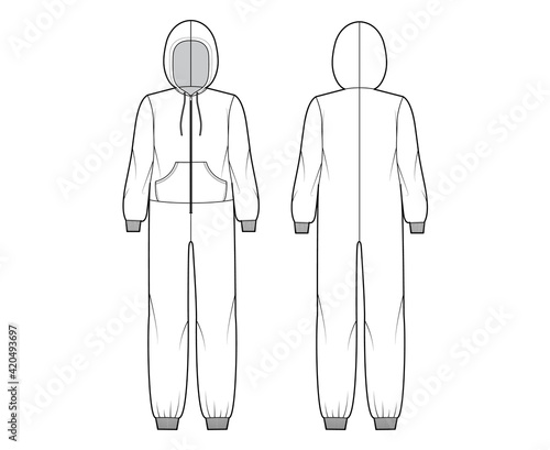 Onesie overall jumpsuit sleepwear technical fashion illustration with full length, oversized, hood, zipper closure, kangaroo pouch. Flat Dungaree front back, white color. Women, men unisex CAD mockup