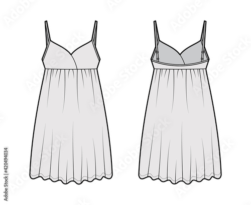 Babydoll dress Sleepwear Pajama technical fashion illustration with mini length, oversized, adjustable shoulder straps, trapeze silhouette. Flat front back, grey color style. Women unisex CAD mockup