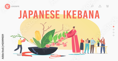 Japanese Ikebana Landing Page Template. Tiny Female Character in Traditional Japan Kimono Create Floristic Composition