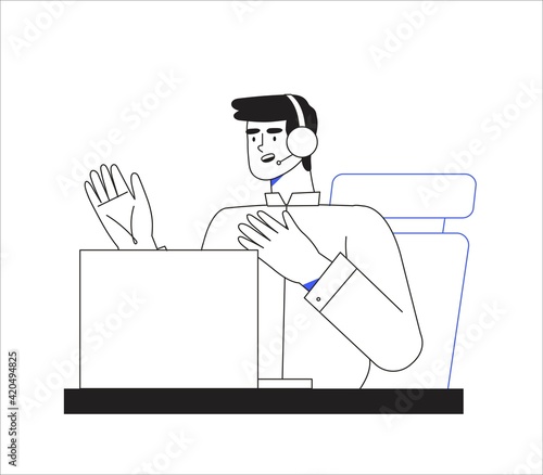 Man specialist with microphone and headphones from customer service or system network or security administrator working on laptop in office. Concept of online support or assistance , call center.