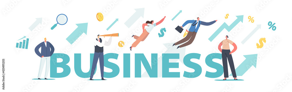 Business Concept. Successful Leadership, Financial Success, Career Growth. Tiny Characters and Growing Arrow Charts Business Concept. Successful Leadership, Financial Success, Career Growth. Tiny Characters and Growing Arrow Charts