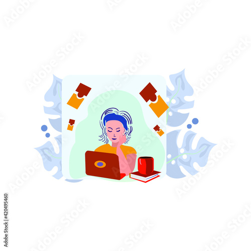 Concept of on-line video chat app, internet talk, call technology. Video player window with speaking woman and messages. Vector illustration. study