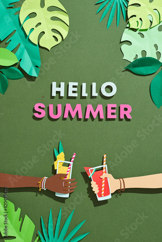 Word Hello Summer and Hands holding two juice drinks over colorful background