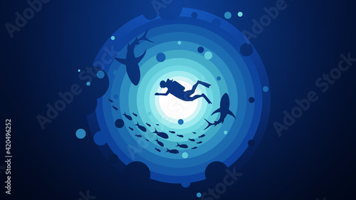 Silhouette of scuba diver and coral reef with fish in blue round vector illustration.