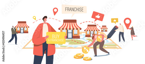 Franchise Business Concept. Tiny Male and Female Characters Put Kiosks on Huge Map. People Start Small Enterprise
