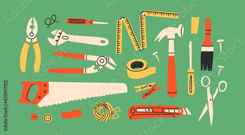 Various working Tools. Different instruments. Construction, Building, repair concept. Screwdriver, saw, brush, hammer, knife, scissors, wrench, etc. Hand drawn Vector set. All elements are isolated