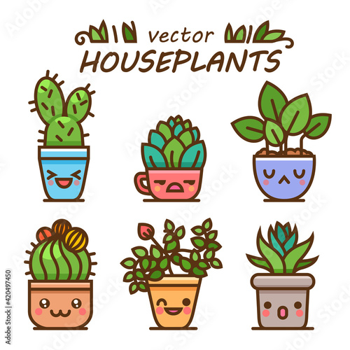 Cute lovely kawaii houseplants vector art. Kawaii faces flower pots. Cartoon style. Vector icons on white background.