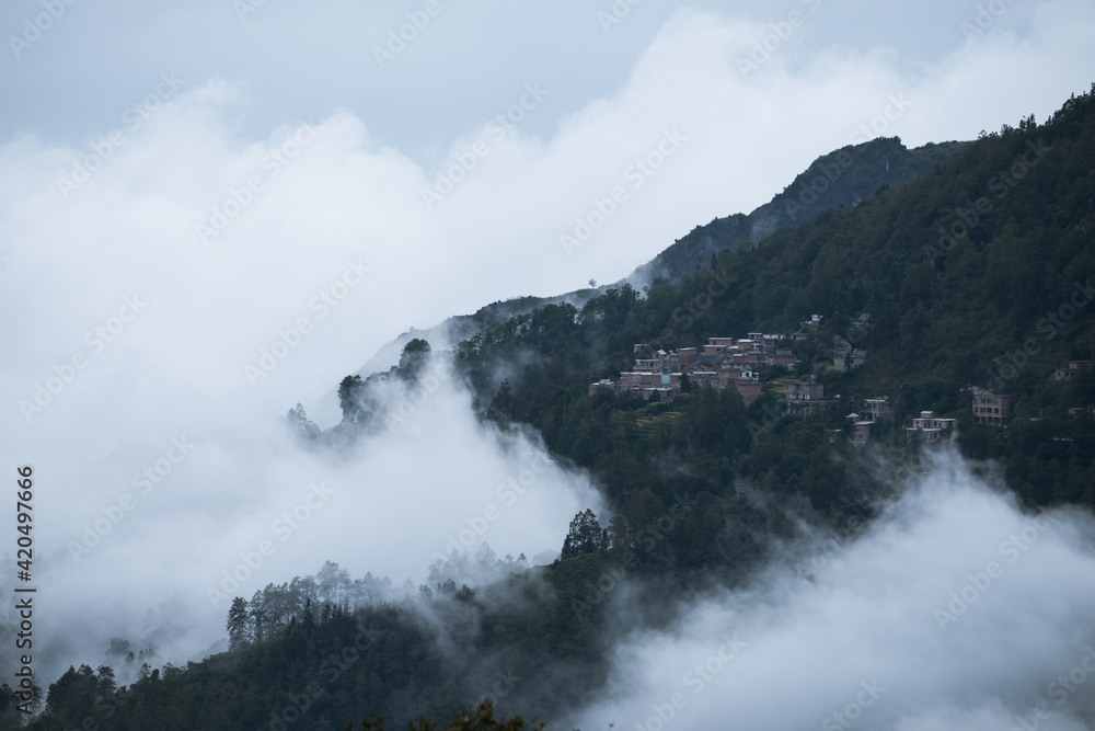 Mountains and villages in the clouds