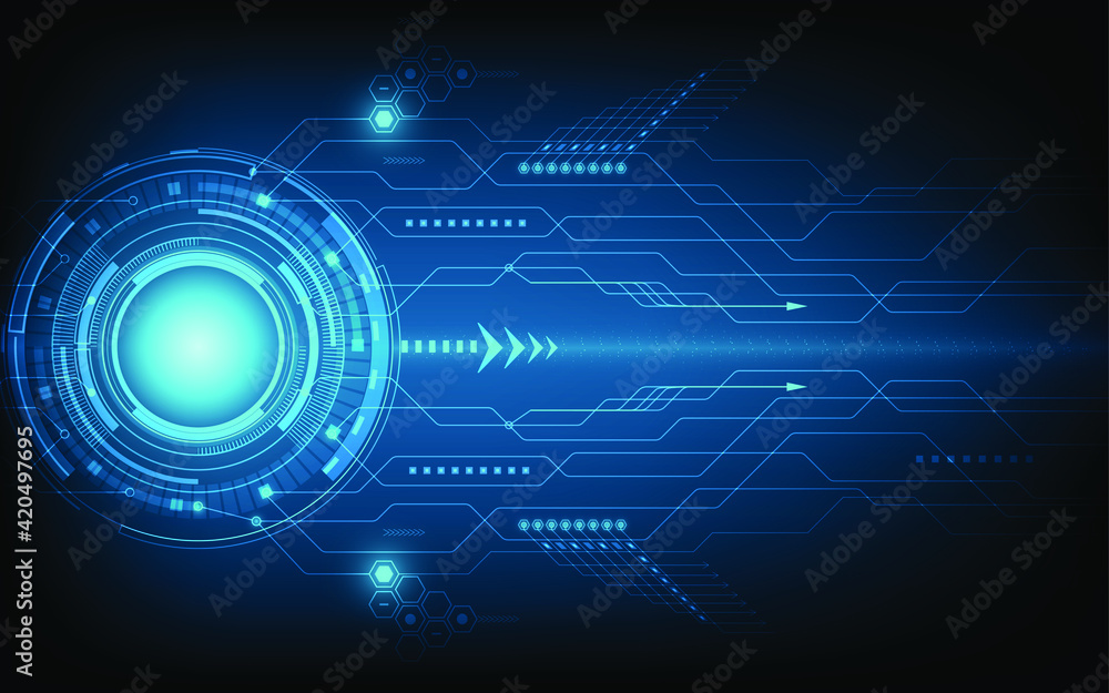 Digital circuit technology future, system data connection interface computer on dark blue background