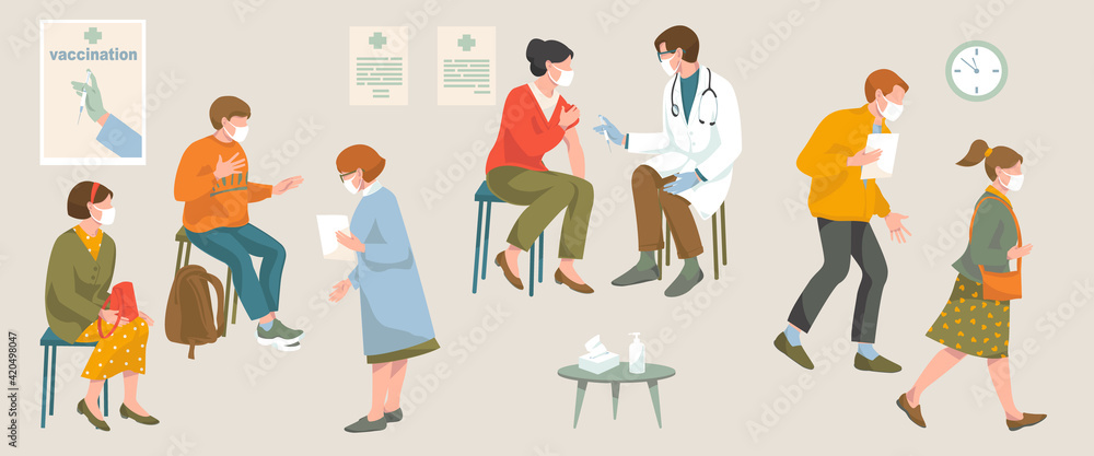 vaccination covid-19 coronavirus concept. Doctor in protective mask and gloves injecting of Flu Vaccine to woman. woman and man sits wait, nurse help them, peoples after vaccination 