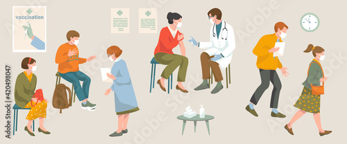vaccination covid-19 coronavirus concept. Doctor in protective mask and gloves injecting of Flu Vaccine to woman. woman and man sits wait, nurse help them, peoples after vaccination 