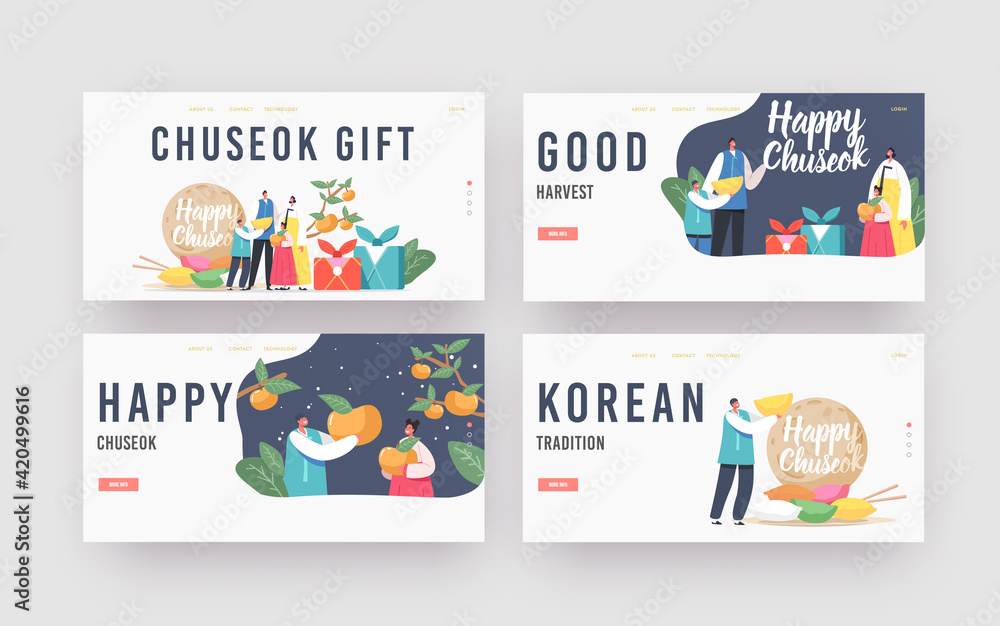 Chuseok Tteok Landing Page Template Set. Happy Asian Family with Kids Characters Wearing Traditional Costumes Hanbok