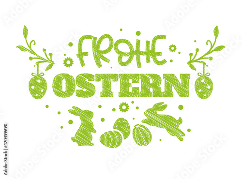 Osterkarte mit grünen Osterdekor und Osterhasen - deutscher Text