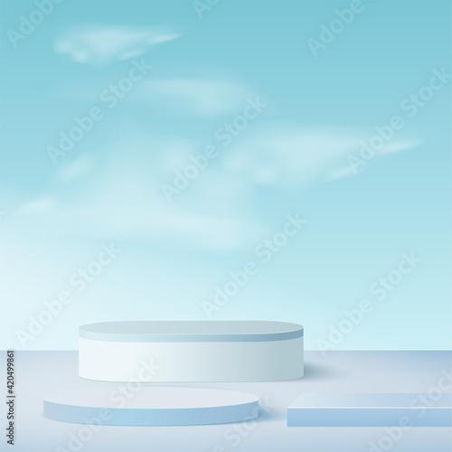 Abstract background with blue color geometric 3d sky podiums. Vector illustration.