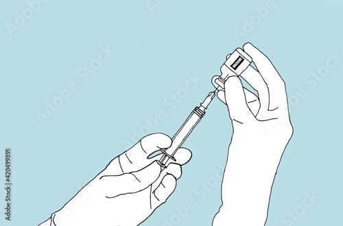 Hand drawn illustration of a pair of hands wearing gloves. The hands are pulling the vaccine out of the vial and into a syringe. Line drawing