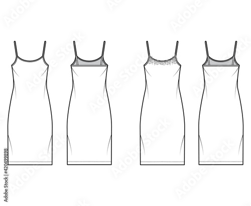 Set of Chemise lace dresses Sleepwear Pajama technical fashion illustration with knee length, oversized, scoop neck cami. Flat apparel front back, white color style. Women, men unisex CAD mockup