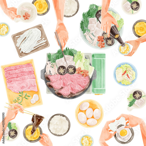 すき焼きパーティー食事風景水彩風イラスト
