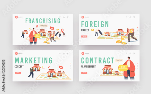 Franchising Landing Page Template Set. Characters Put Kiosks on Huge Map. People Start Franchise Small Enterprise