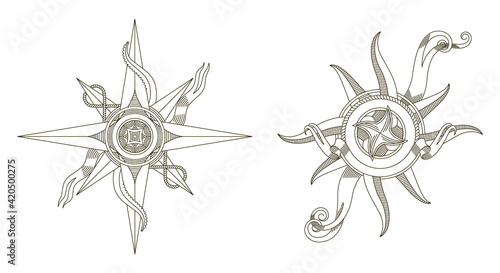 Set of retro nautical compasses. Antique nautical old vector signs. Vintage rose of wind for sea marine navigation. Compass icons design element for marine theme