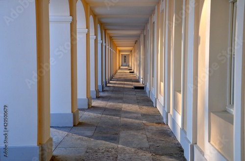 Colonnade shadows Oranienbaum Lomonosov royal residence sunny snowy winter day