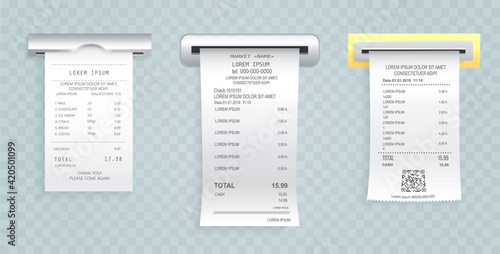 Payment check paper document poked out of the cash register. Buying financial invoice bill