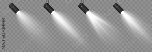 Vector set of light. Light source, studio lighting, walls, png. Spotlight lighting, spotlight PNG. Light beams, light effect.