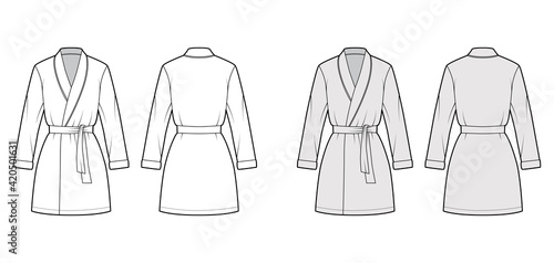 Bathrobe Dressing gown technical fashion illustration with wrap opening, mini length, oversized, tie, long sleeves. Flat garment apparel front back, white, grey color. Women, men unisex CAD mockup