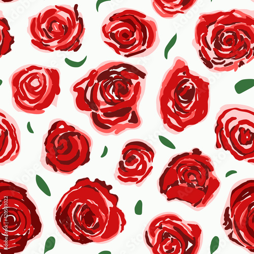 Cute seamless pattern with red roses isolated on white background. Vector background for holidays and congratulations