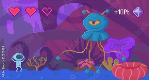 Pixel game interface layout design. Angry blue monster with one eye. Alien attacks character