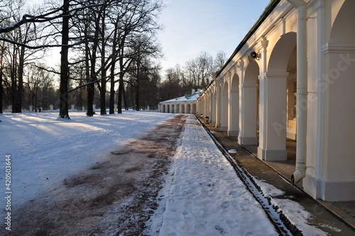 Colonnade Oranienbaum Lomonosov royal residence with park sunny snowy winter day