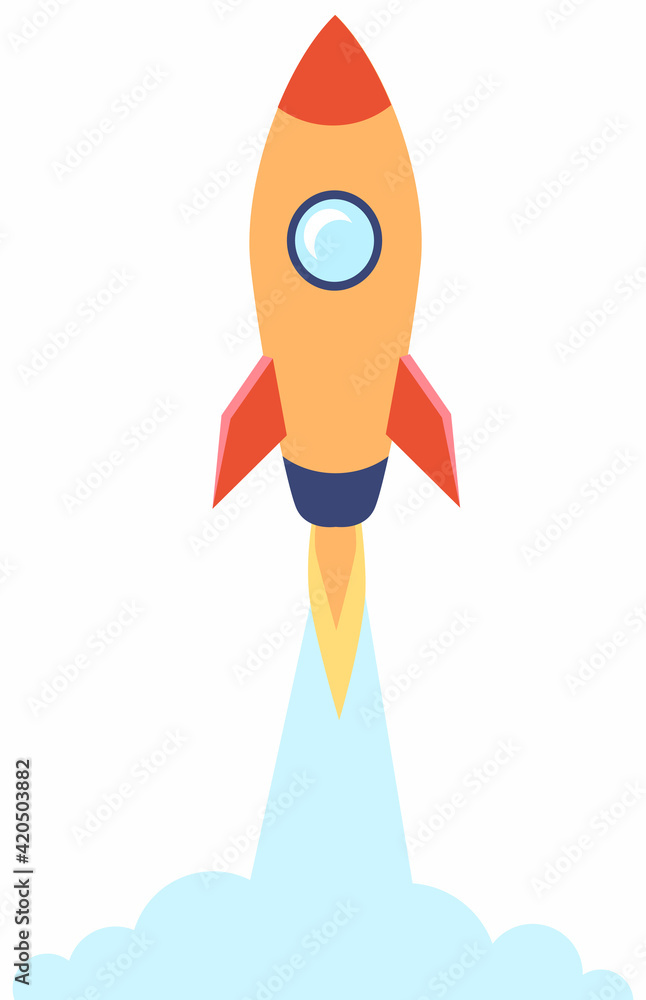 Rocket in flat style isolated on white. Space travel to the moon. Space ship launch business concept Rocket in flat style isolated on white. Space travel to the moon. Space ship launch business concept
