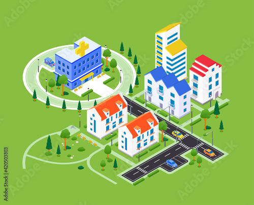 City district - modern vector colorful isometric illustration