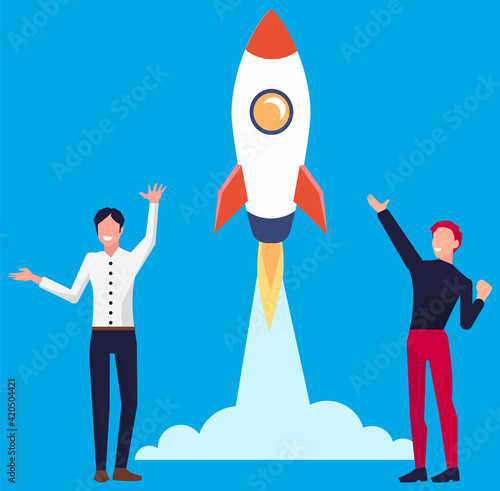 Happy men cheerfully escort the space rocket upward. Project start up and development process
