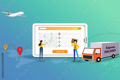 Business concept of delivery service, businessman and woman wear a face mask and discuss to check and track the shipment to deliver the goods to customer in front of tablet that contain map and GPS.