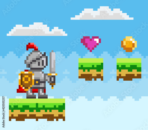 Pixel art style, knight in game arcade play. Character with sword and shield fighting against enemy