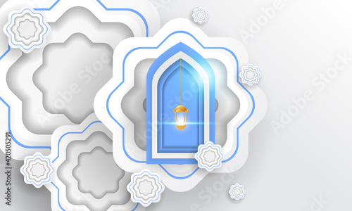 Ramadan design with stylish paper cut, in white and blue color, perfect for complementing Islamic themes